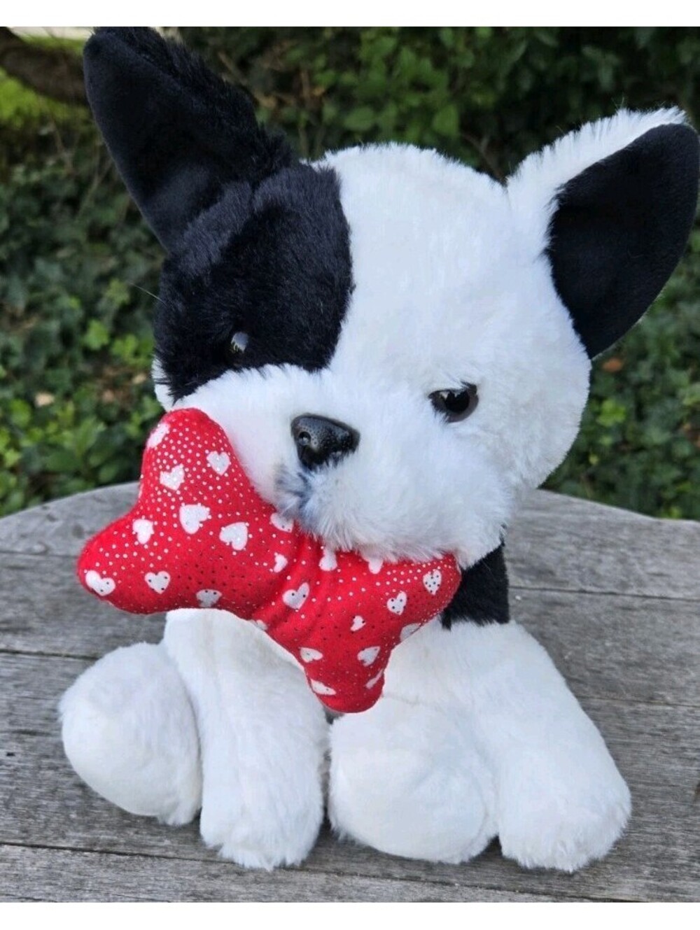 Hug Fun Black & White Dog Red Bone Sitting, Stuffed Animal, Plush Toy 10"